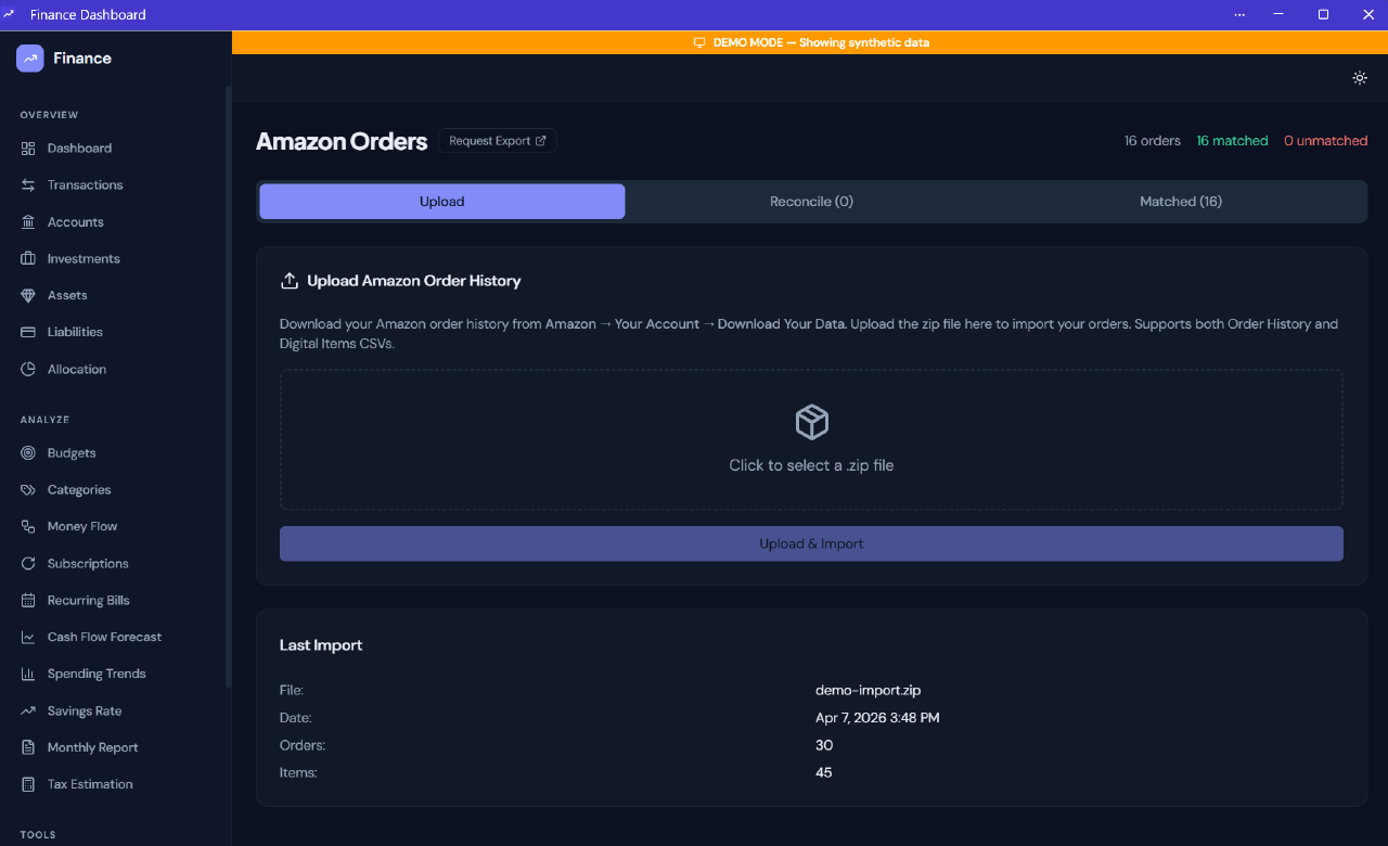 Amazon orders import and reconciliation view for matching purchases to financial transactions.
