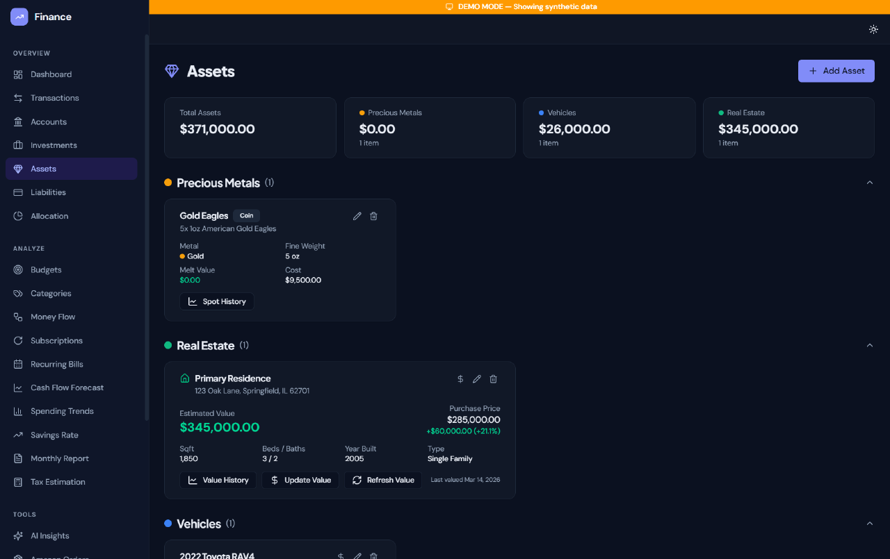 Assets view showing real estate, vehicles, and precious metals alongside current values.