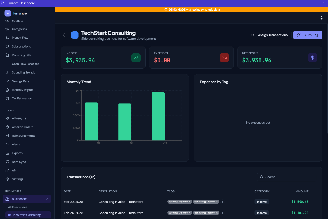 Business tracking view showing consulting income, tagged transactions, and net profit for a side business.