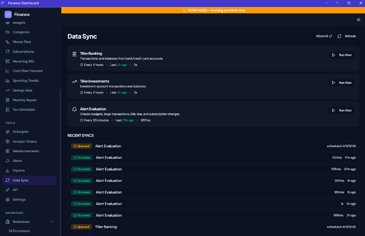 Data sync view showing scheduled banking, investment, and alert jobs with recent status history.