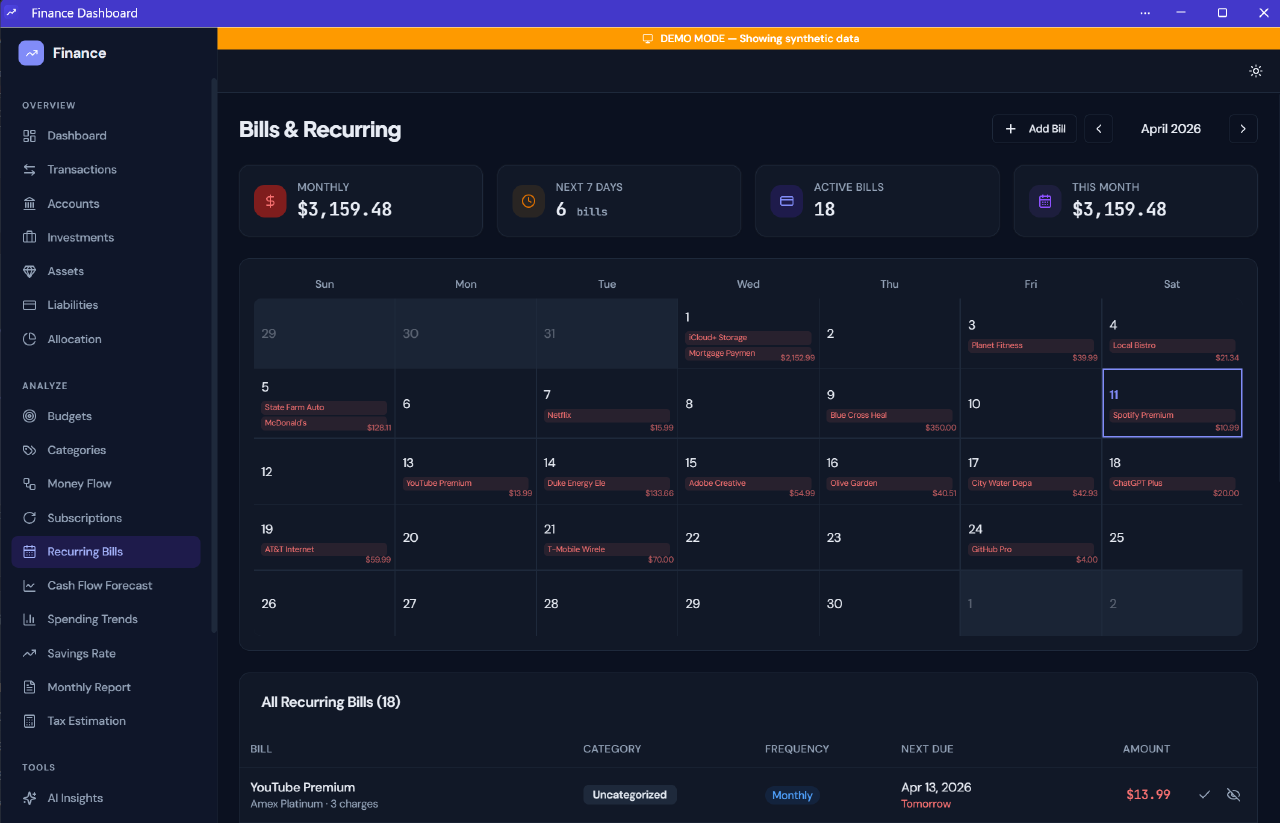 Recurring bills calendar showing upcoming charges and monthly commitments.