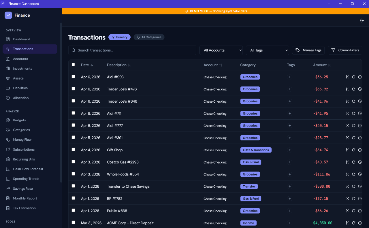 Transactions view with search, filters, categorization controls, and bulk-friendly finance workflows.